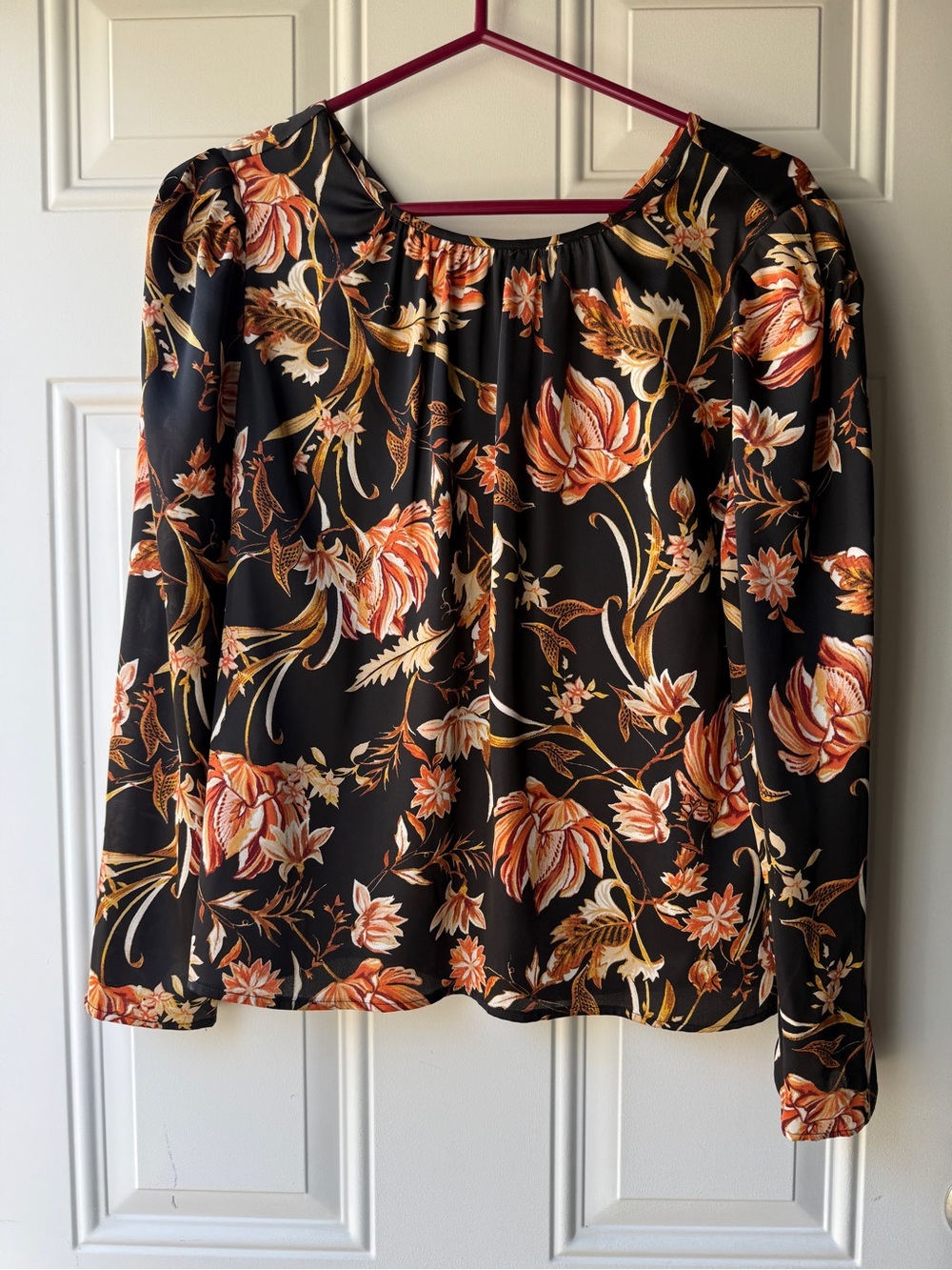 INC International Concepts Black Floral Blouse with Orange and Cream Print